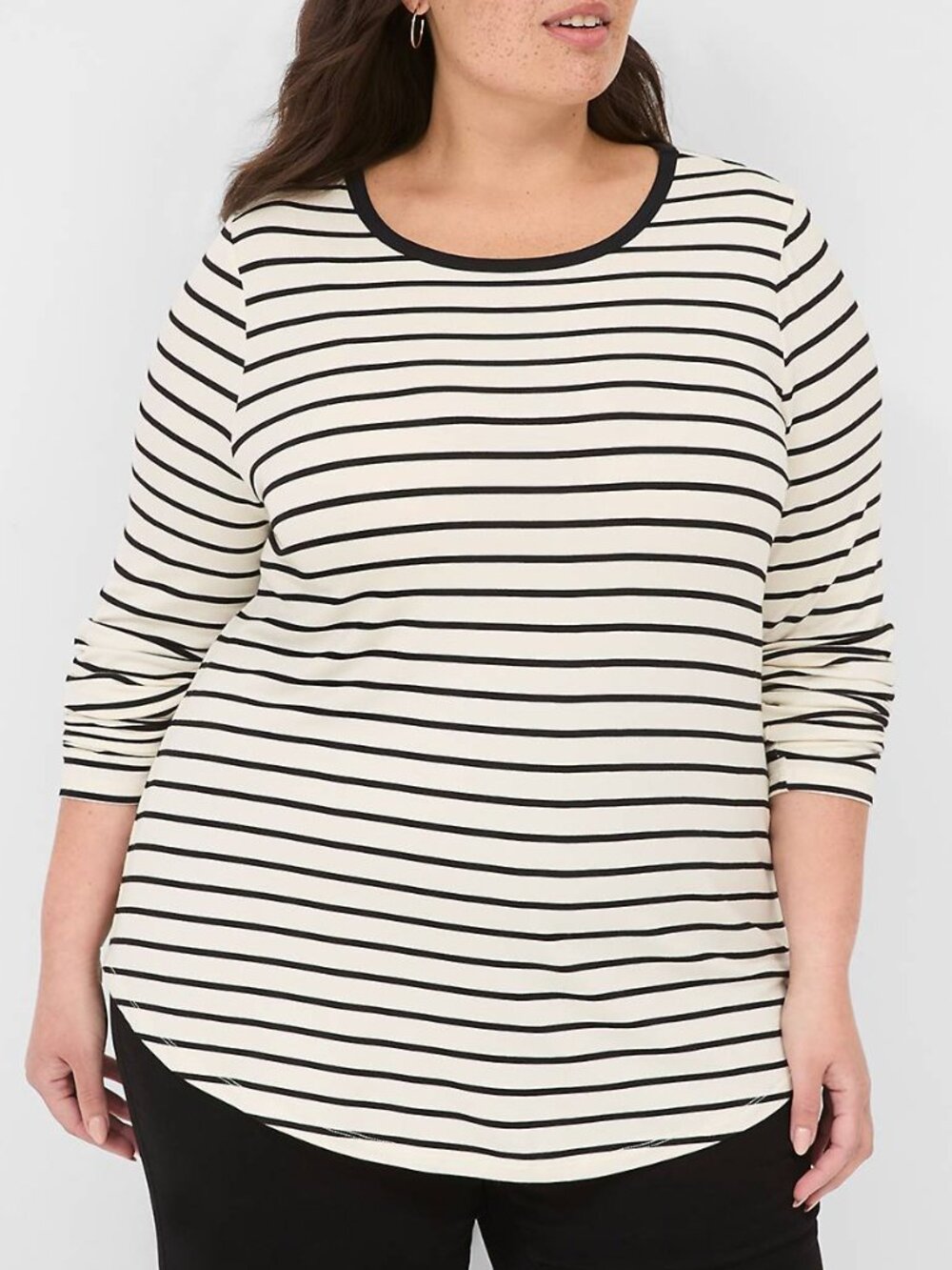NEW NWT LANE BRYANT Plus Size Long Sleeve Curved Hem Tee Cream Black Striped Top